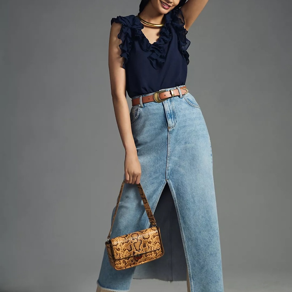 Ruffled V-Neck Navy Blouse Ruffle Sleeveless Blue Top By Anthropologie